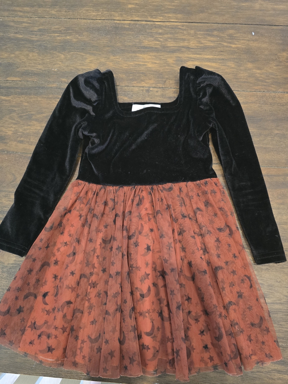 Girls' Black Velvet Bodice with Orange Star & Moon Tulle Skirt Halloween Dress